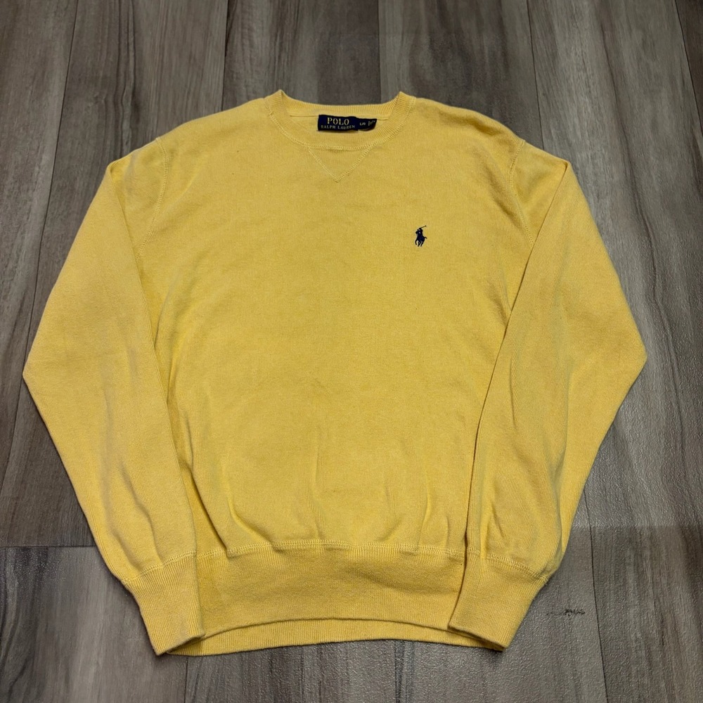 Polo Ralph Lauren Mens Large Yellow Crewneck Sweatshirt Navy Pony Logo 1399